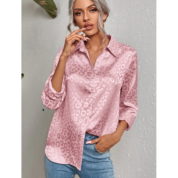 Leopard Print Satin Pink Button Down Long Sleeve Shirt - Picture 1 of 6